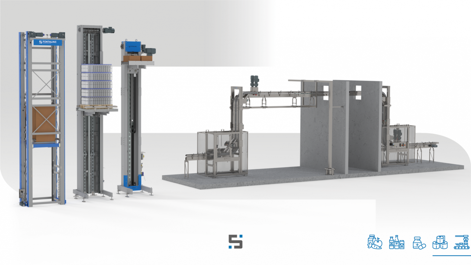 Sistemas de elevadores e descensores industriais Pentaline para transporte vertical de carga em Portugal.